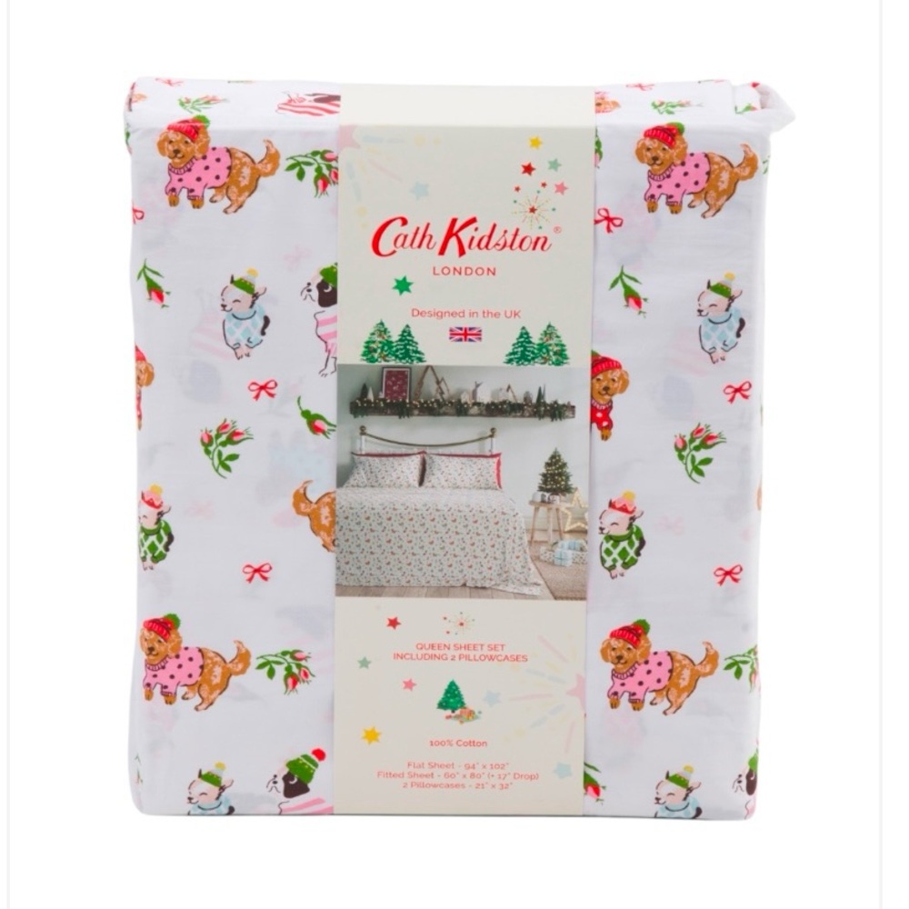Cath Kidston London Twin Sheet Set Puppy Love Pink Dogs 100% Cotton Holi…